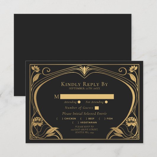 Elegant Lotus Art Nouveau Wedding Informatiekaartje (Voorkant / Achterkant)