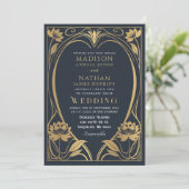 Elegant Lotus Art Nouveau Wedding Invitation Kaart (Staand voorkant)