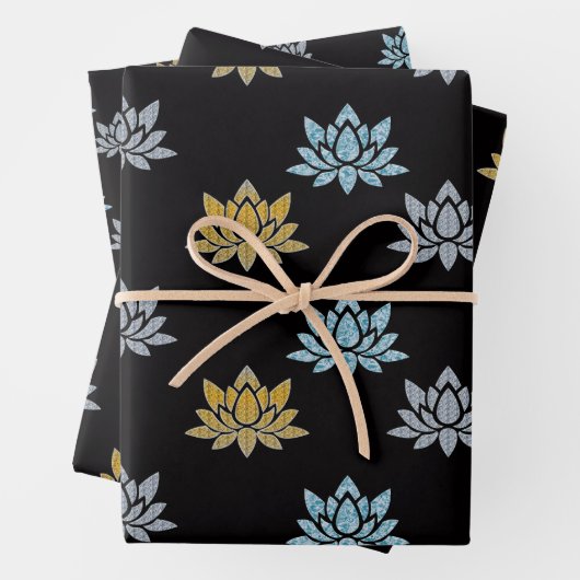 Elegant Lotus Flowers Blue Silver Gold Yoga Flat Inpakpapier Vel (In situ)