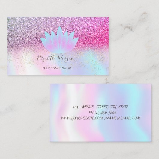 Elegant Lotus Glitter Confetti Holographic Visitekaartje (Voorkant / Achterkant)