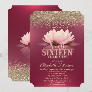 Elegant Lotus Gold Confetti Diamonds Red Sweet 16 Kaart
