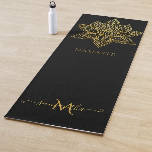 Elegant Lotus Gold Mandala Monogram Black Yogamat (In situ)