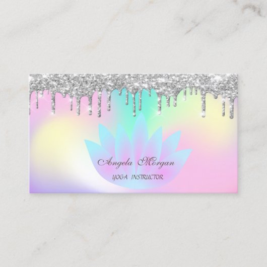 Elegant Lotus Holographic Silver Glitter-schijven Visitekaartje (Voorkant)