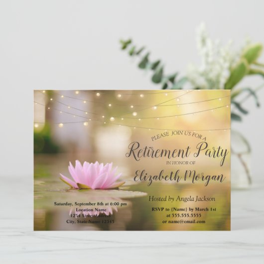 Elegant Lotus String Lights Retirement Party Kaart (Staand voorkant)