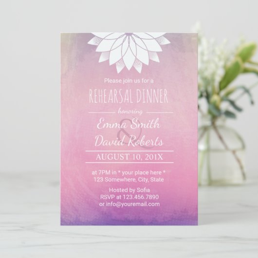 Elegant Lotus Waterverf Wedding Rehearsal Dinner Kaart (Staand voorkant)