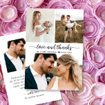 Elegant Love and Bedankt 3 Photo Collage Wedding<br><div class="desc">Moderne, elegante "Love and Bedankt" Script 3 Foto Collage Wedding Hartelijk dank. Stijlvol bedankt voor de sjabloon met 3 foto's aan de voorkant en 1 foto aan de achterkant. Met een tekst "Love and Bedankt" in een handgeschreven lettertype met letterlijke letters wordt het lettertype van de staartlettertypefout zwart op witte...</div>