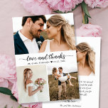 Elegant Love and Bedankt Script Collage Wedding<br><div class="desc">Elegant, minimalistisch, modern handgeschreven Kaart voor het inpakken van foto's van 'Love and Bedankt'. Stijlvolle bruiloft bedankt je sjabloon met drie (3) foto op de voorkant en één (1) foto op de achterkant. Met een tekst "Love and Bedankt" in een handomdraai met lettertype of kalligrafiescript is de staartlettertype zwart op...</div>