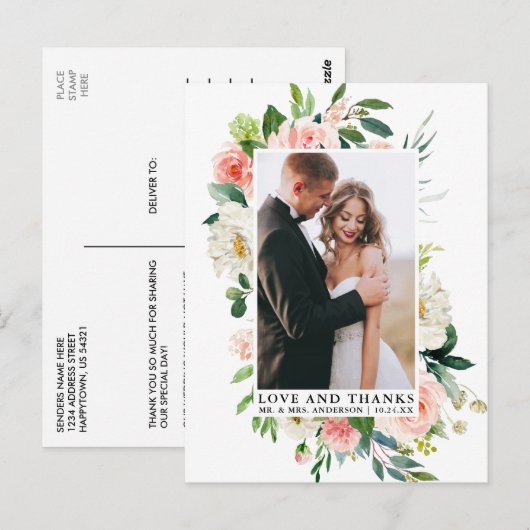 Elegant Love and Bedankt Waterverf Pink Floral Briefkaart