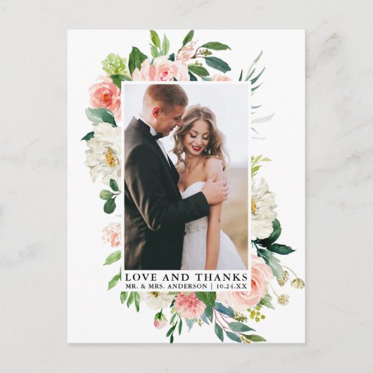 Elegant Love and Bedankt Waterverf Pink Floral Briefkaart (Voorkant)