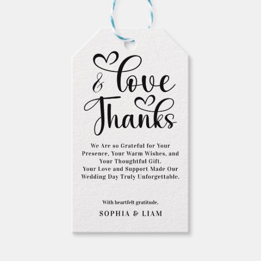 Elegant Love and Thanks Heart Script Wedding Cadeaulabel (Voorkant)