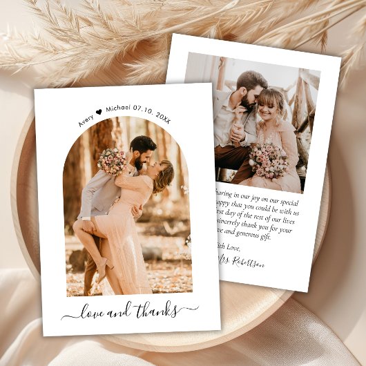 Elegant Love and Thanks Script Photo Arch Wedding Bedankkaart