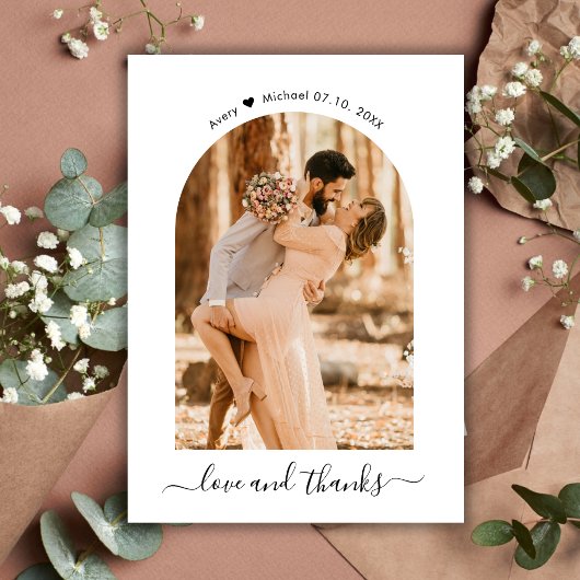 Elegant Love and Thanks Script Photo Arch Wedding Bedankkaart