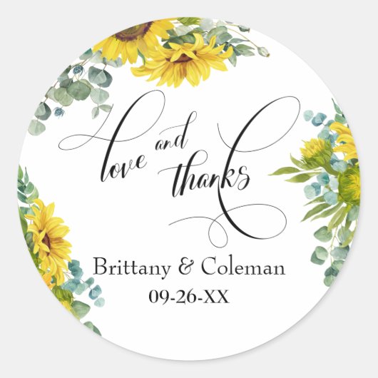 Elegant Love & Bedankt with Sunflower Eucalyptus Ronde Sticker (Voorkant)