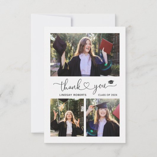 Elegant Love Heart Script Afstuderen 3 Foto Bedankkaart (Voorkant)