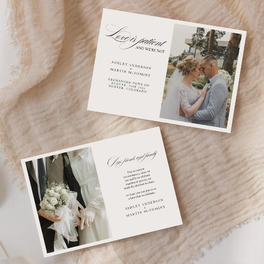 Elegant Love is Patient But We Are Not Elopement Aankondiging