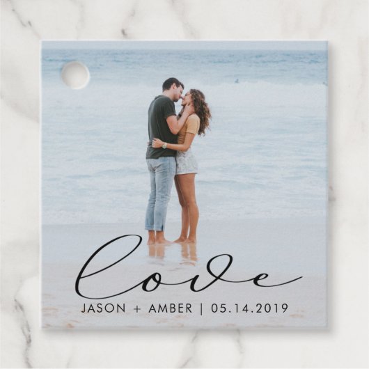 Elegant love script bruiloft foto bedankjes labels (Voorkant)