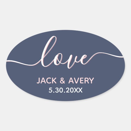 Elegant Love Script Navy & Blush White Wedding Ovale Sticker (Voorkant)