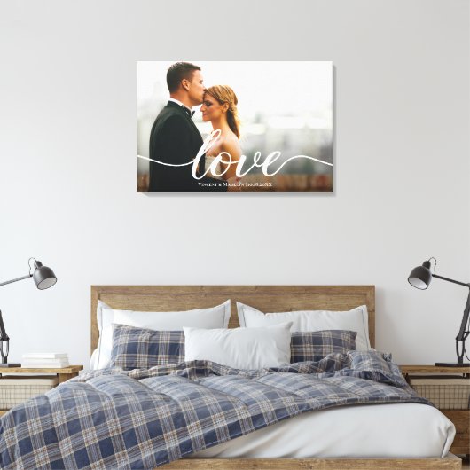 Elegant Love Script Trouwfoto Custom Canvas Afdruk (Insitu (Slaapkamer))