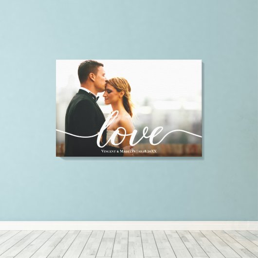 Elegant Love Script Trouwfoto Custom Canvas Afdruk (Insitu (Houten vloer))