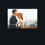 Elegant Love Script Trouwfoto Custom Canvas Afdruk<br><div class="desc">Vier uw speciale dag met deze elegante liefde script bruiloft foto Keepsake aangepaste canvas print. Met uw favoriete trouwfoto, dit ontwerp bevat een romantisch script "Love" motief in combinatie met uw namen en trouwdatum voor een tijdloze, persoonlijke touch. Perfect als aandenken voor pasgetrouwden, een verjaardagscadeau of een verbluffende toevoeging aan...</div>