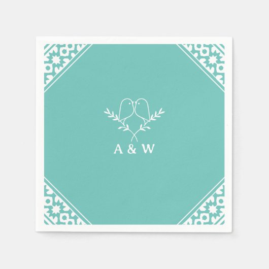 Elegant Lovebirds Monogram in Blauwgroen Servet (Voorkant)