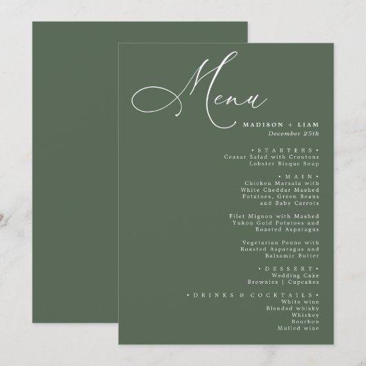 Elegant Lovely calligraphy Wedding green Menu (Voorkant / Achterkant)