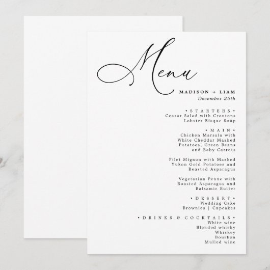 Elegant Lovely calligraphy Wedding Menu (Voorkant / Achterkant)