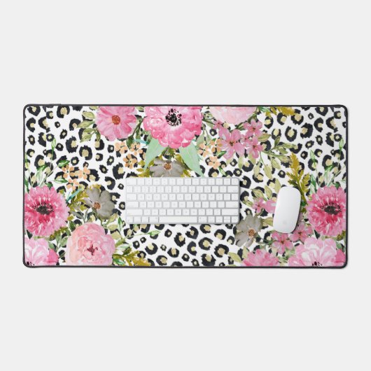Elegant luipaard Afdrukken en Floral Design Bureaumat (Keyboard & Muis)