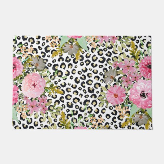Elegant luipaard Afdrukken en Floral Design Deurmat (Voorkant)