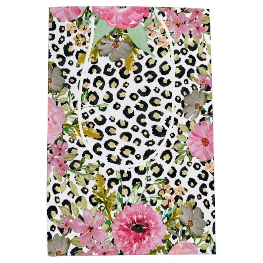 Elegant luipaard Afdrukken en Floral Design Medium Cadeauzakje (Voorkant)