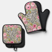 Elegant luipaard Afdrukken en Floral Design Ovenwant & Pannenlap Set (Voorkant / Achterkant)