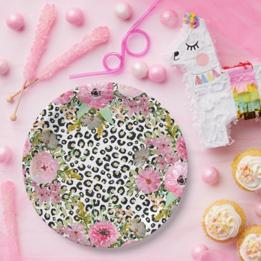 Elegant luipaard Afdrukken en Floral Design Papieren Bordje (Feest)