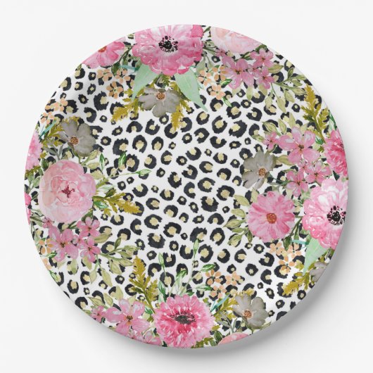 Elegant luipaard Afdrukken en Floral Design Papieren Bordje (Voorkant)