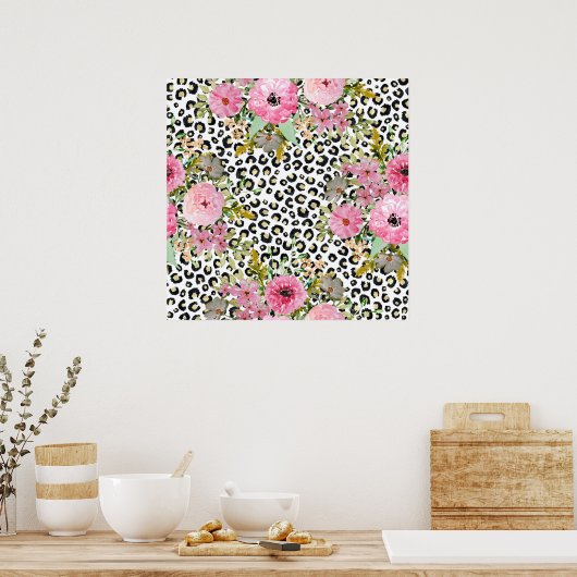 Elegant luipaard Afdrukken en Floral Design Poster (Keuken)