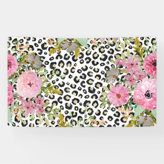 Elegant luipaard Afdrukken en Floral Design Spandoek (Horizontaal)