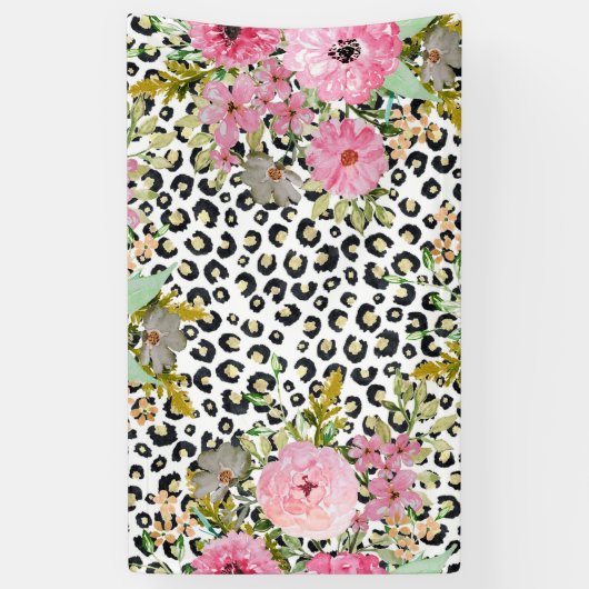 Elegant luipaard Afdrukken en Floral Design Spandoek (Verticaal)