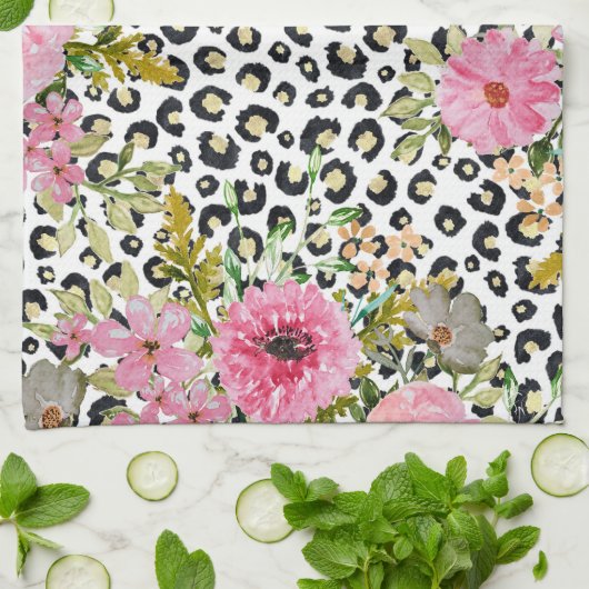 Elegant luipaard Afdrukken en Floral Design Theedoek (Gevouwen)