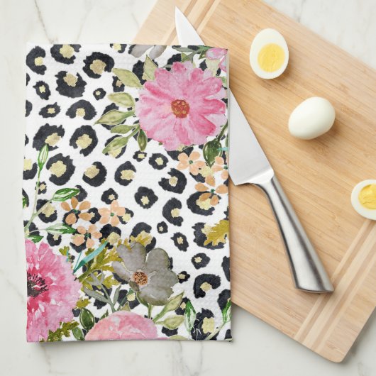 Elegant luipaard Afdrukken en Floral Design Theedoek (Quarter Fold)