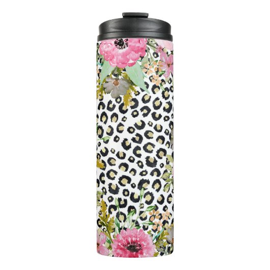 Elegant luipaard Afdrukken en Floral Design Thermosbeker (Voorkant)