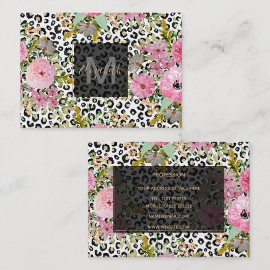 Elegant luipaard Afdrukken en Floral Design Visitekaartje (Voorkant / Achterkant)