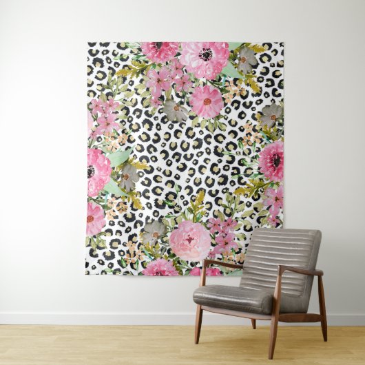 Elegant luipaard Afdrukken en Floral Design Wandkleed (In situ)