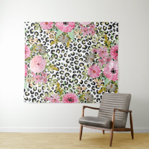 Elegant luipaard Afdrukken en Floral Design Wandkleed
