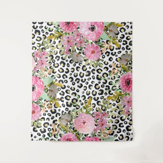 Elegant luipaard Afdrukken en Floral Design Wandkleed (Voorkant)