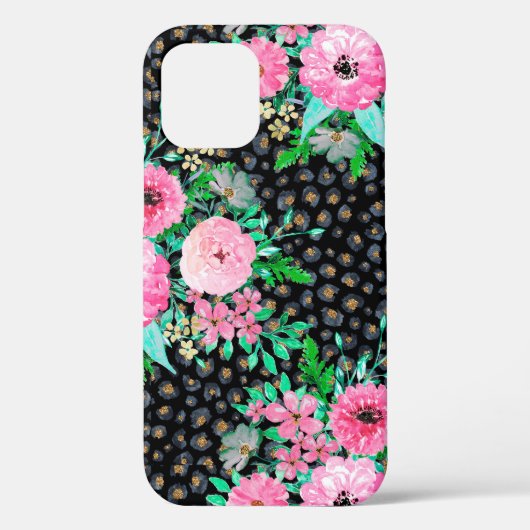 Elegant luipaard afdrukken en roze Floral Black de Case-Mate iPhone Case (Achterkant)