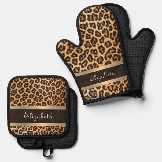 Elegant Luipaard Patroon Bruin en Gouden Streep Na Ovenwant & Pannenlap Set (Voorkant / Achterkant)