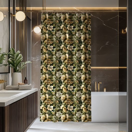 Elegant lush greenery and gold flowers curtain douchegordijn