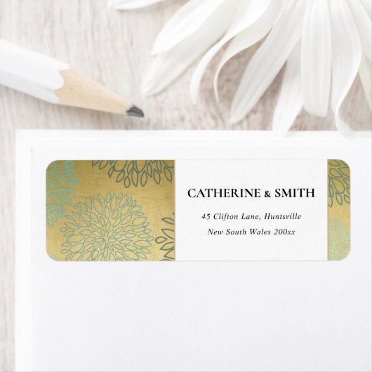 ELEGANT LUX FAUX GOLD DAHLIA FLORAL ADDRESS ETIKET (Insitu)