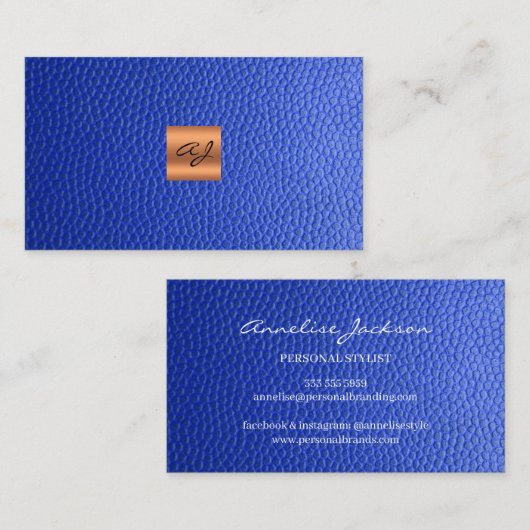 Elegant luxe blauw lederkoper goudmonogram visitekaartje (Voorkant / Achterkant)