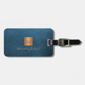 Elegant luxe blauw leer look goud monogrammed bagagelabel (Voorkant horizontaal)
