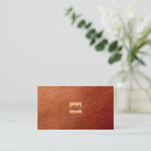 Elegant luxe bruin lederkoper goudmonogram visitekaartje (Staand voorkant)